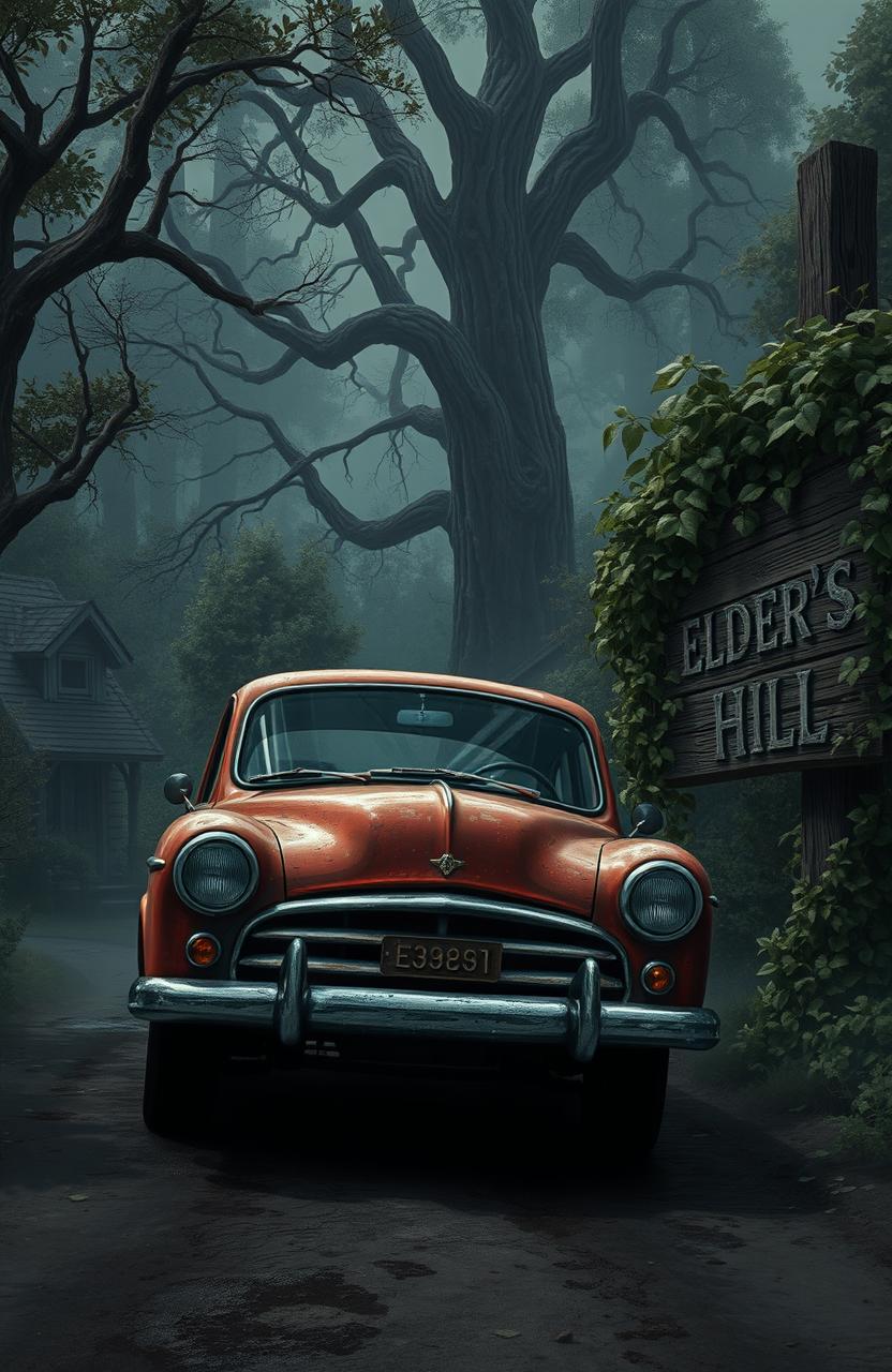 A small, semi-roughed up red car driving into a quaint, eerie town nestled amidst dense woods and nature