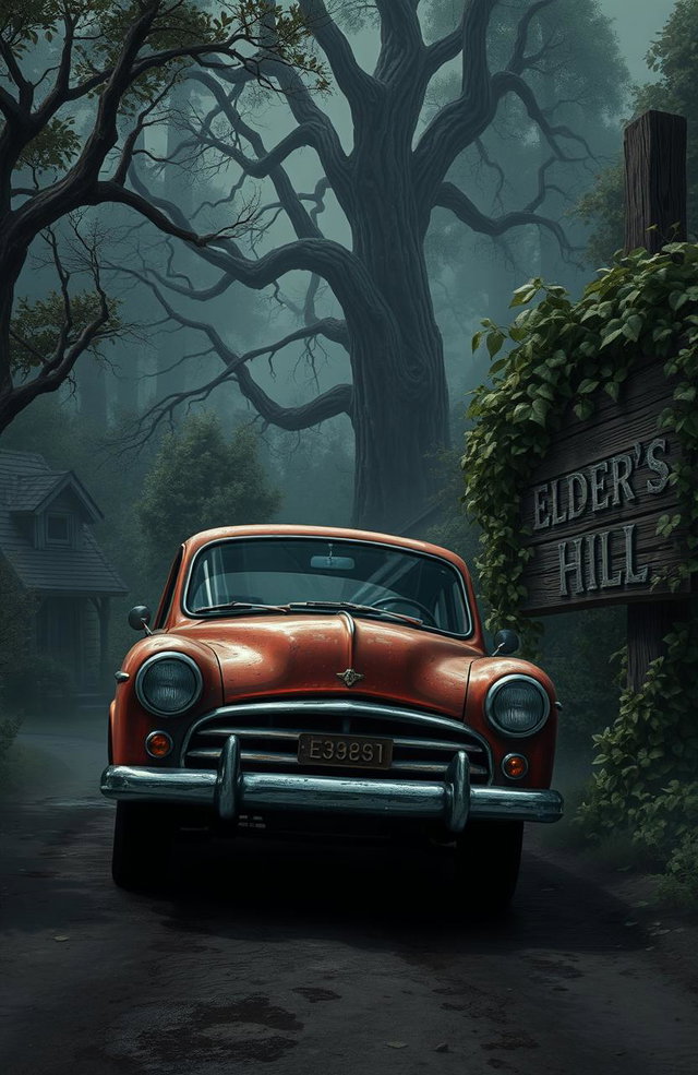 A small, semi-roughed up red car driving into a quaint, eerie town nestled amidst dense woods and nature