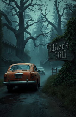 A small, semi-roughed up red car driving into a quaint, eerie town nestled amidst dense woods and nature