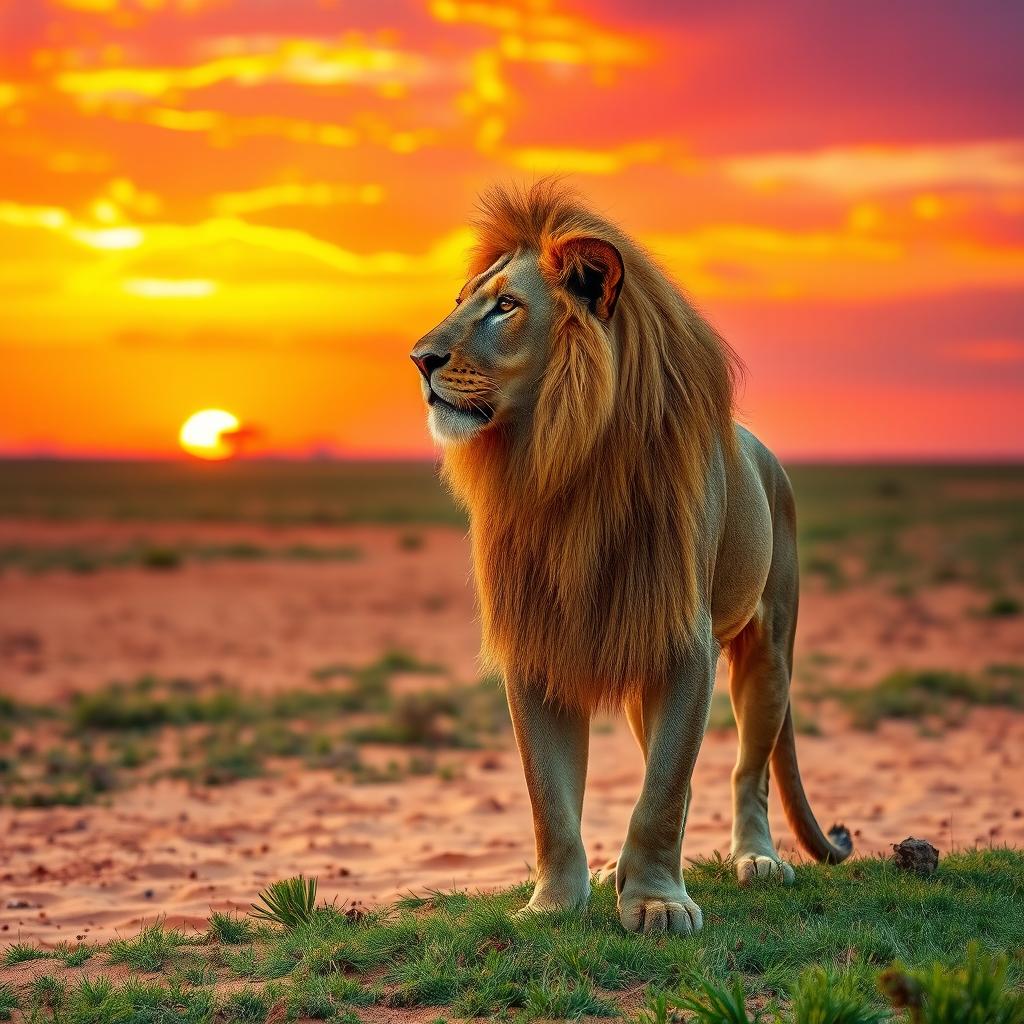 A majestic lion standing proudly on a sandy savannah at sunset, its golden mane illuminated by the warm light, gazing into the distance with fierce determination