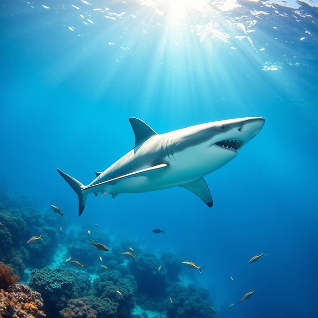 A majestic great white shark swimming gracefully through crystal clear turquoise waters, with sunlight filtering through the surface, creating a shimmering effect around its sleek body