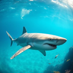 A majestic great white shark swimming gracefully through crystal clear turquoise waters, with sunlight filtering through the surface, creating a shimmering effect around its sleek body