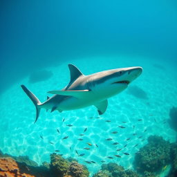 A majestic great white shark swimming gracefully through crystal clear turquoise waters, with sunlight filtering through the surface, creating a shimmering effect around its sleek body