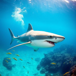 A majestic great white shark swimming gracefully through crystal clear turquoise waters, with sunlight filtering through the surface, creating a shimmering effect around its sleek body