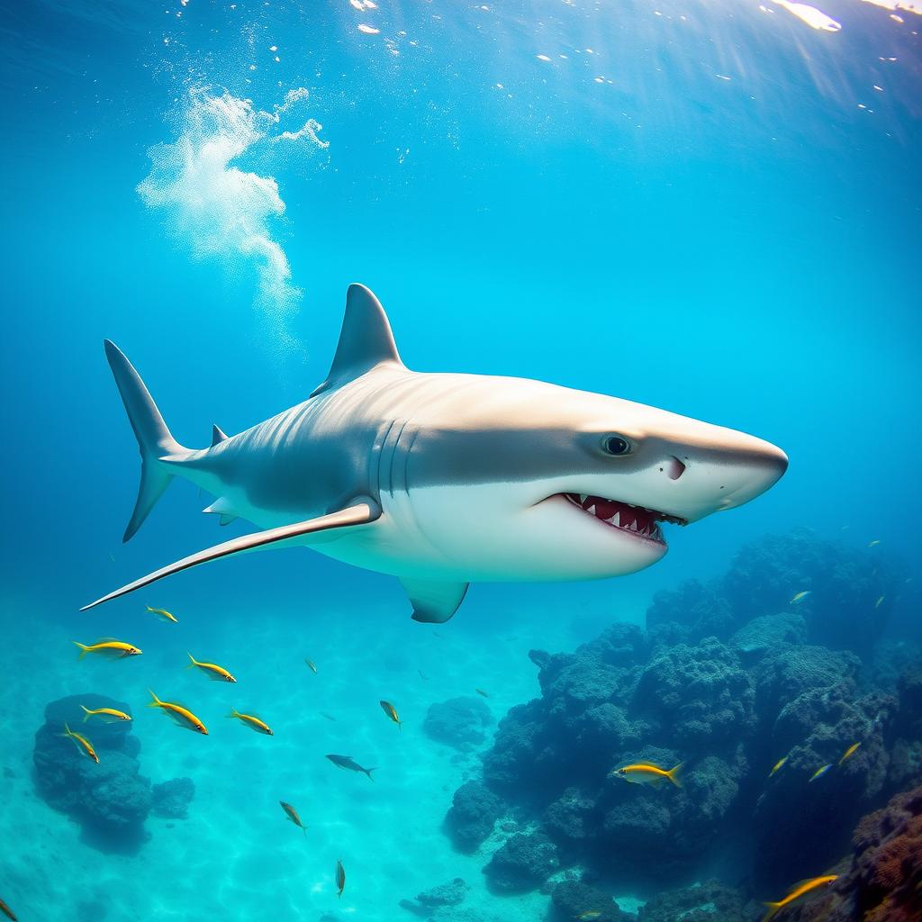 A majestic great white shark swimming gracefully through crystal clear turquoise waters, with sunlight filtering through the surface, creating a shimmering effect around its sleek body