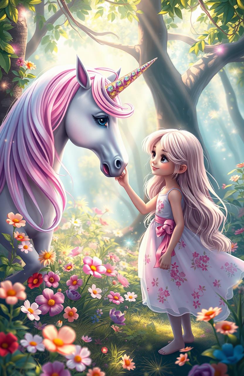 A whimsical scene featuring a beautiful unicorn with a shimmering, iridescent horn and a flowing mane in pastel colors, playfully interacting with a girl
