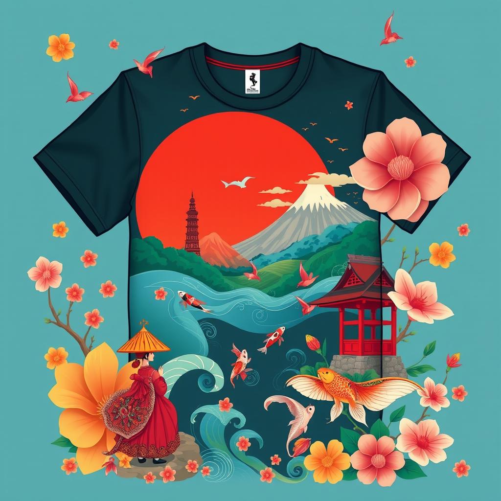 A captivating t-shirt design merging elements of Brazilian Northeast culture with Japanese aesthetics