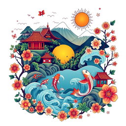 A captivating t-shirt design merging elements of Brazilian Northeast culture with Japanese aesthetics