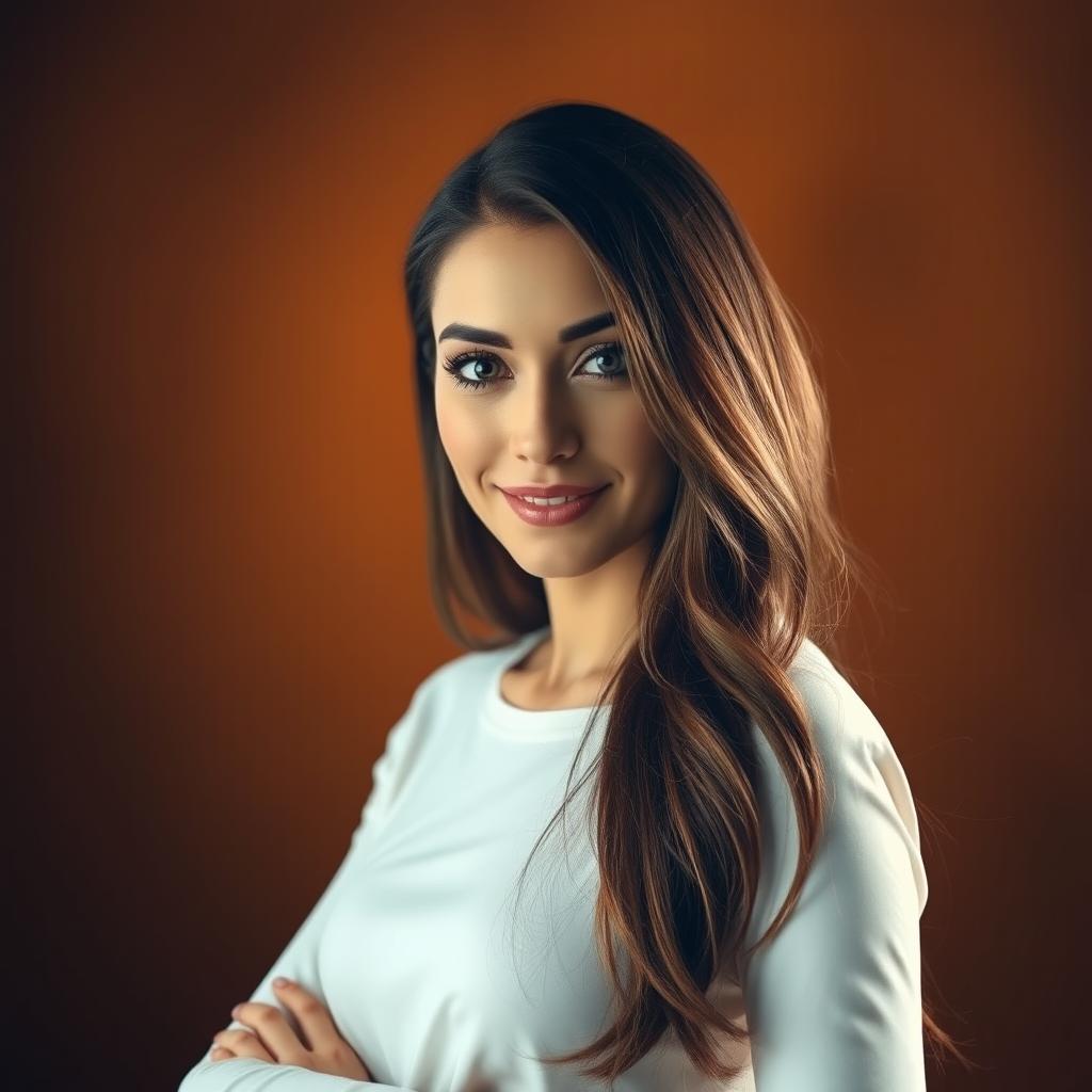 A detailed portrait of an elegant woman exuding confidence, standing against a softly blurred warm-toned background