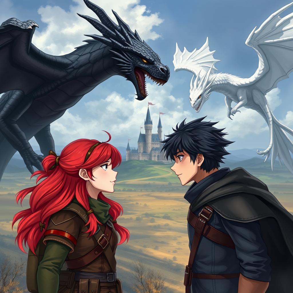 A stunning scene featuring a red-haired girl in combat clothing and a handsome boy with black hair and hazel eyes gazing at each other