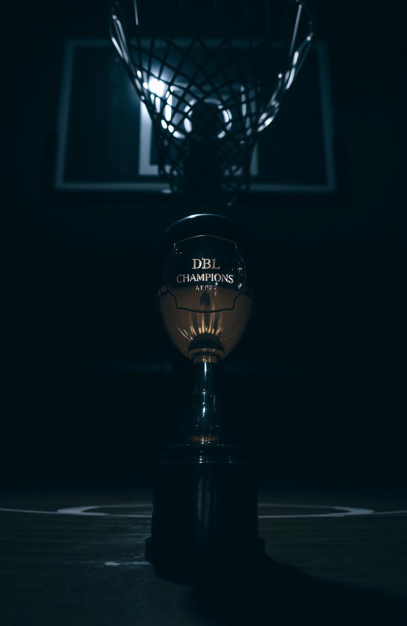 A trophy sitting under the shadow of a basketball hoop, the trophy features the words 'DBL CHAMPIONS' engraved on it