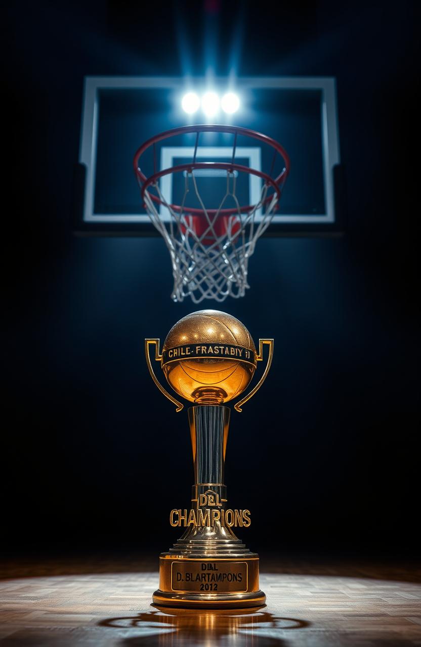 A trophy positioned beneath the shadow of a basketball hoop, inscribed with the words 'DBL CHAMPIONS'