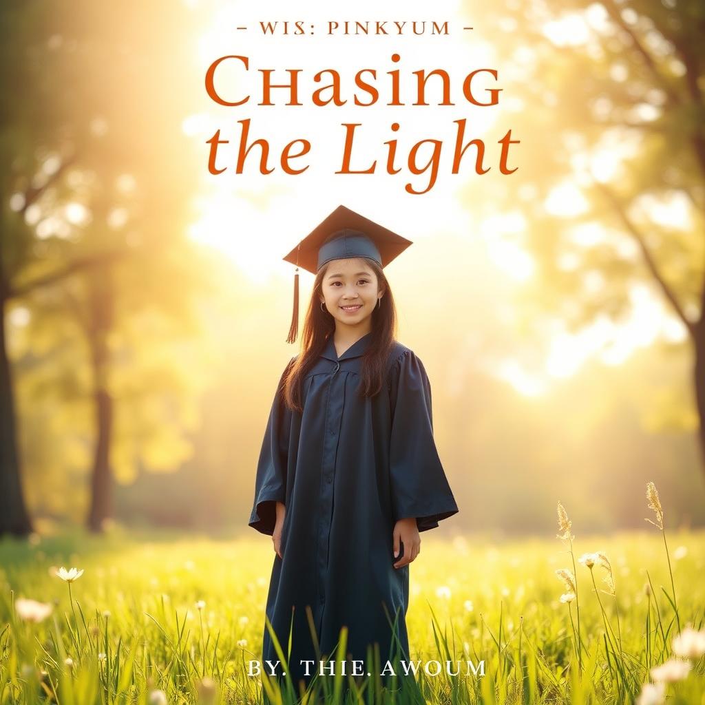 A heartwarming book cover titled 'Chasing the Light' by PinkyYum, focusing solely on the main character, a young girl who has just graduated from high school