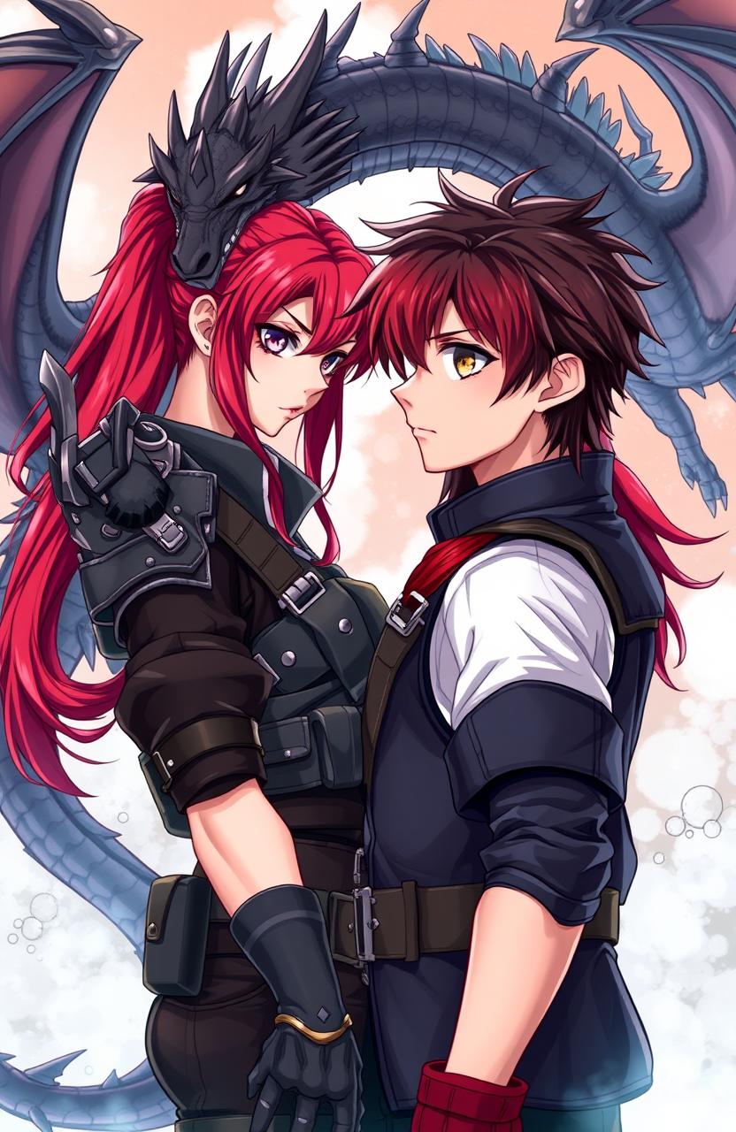 A stunning scene featuring a beautiful red-haired girl dressed in combat gear, gazing intensely at a handsome boy with black hair and hazel eyes