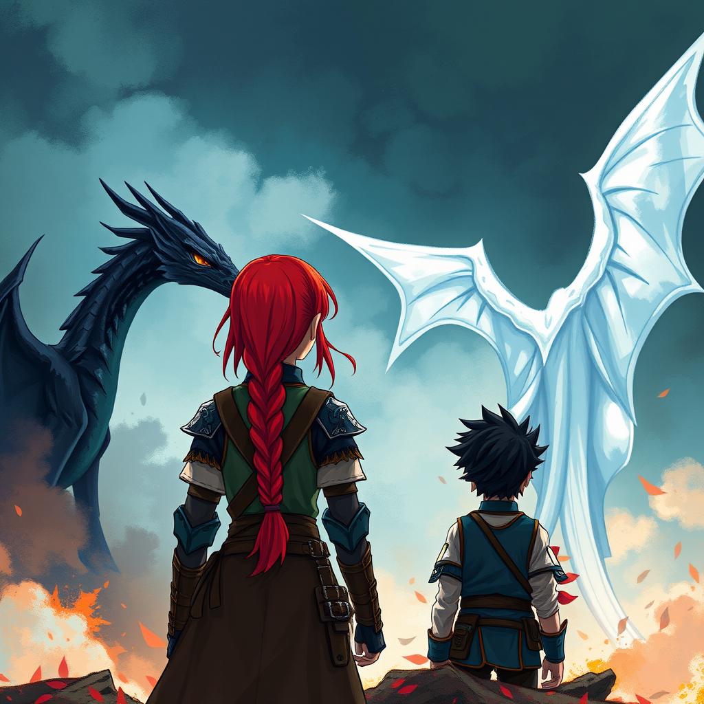 A captivating scene depicting a red-haired girl seen from behind standing beside a boy with black hair, both dressed in combat attire