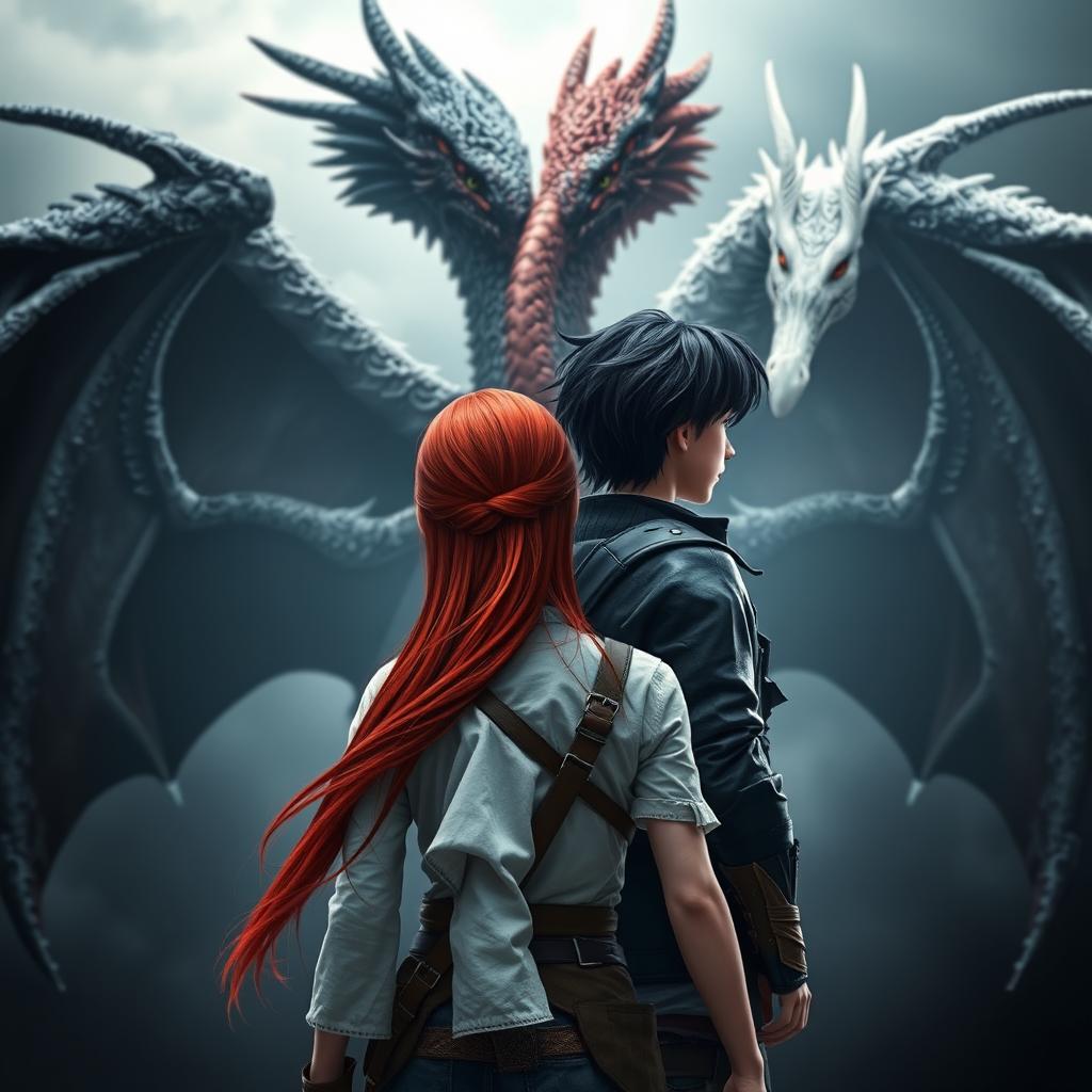 A mesmerizing scene featuring a red-haired girl viewed from behind, standing next to a boy with black hair dressed in combat attire