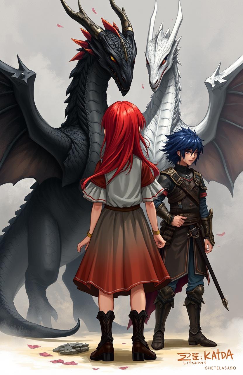 A red-haired girl standing with her back facing us beside a boy with black hair dressed in combat attire