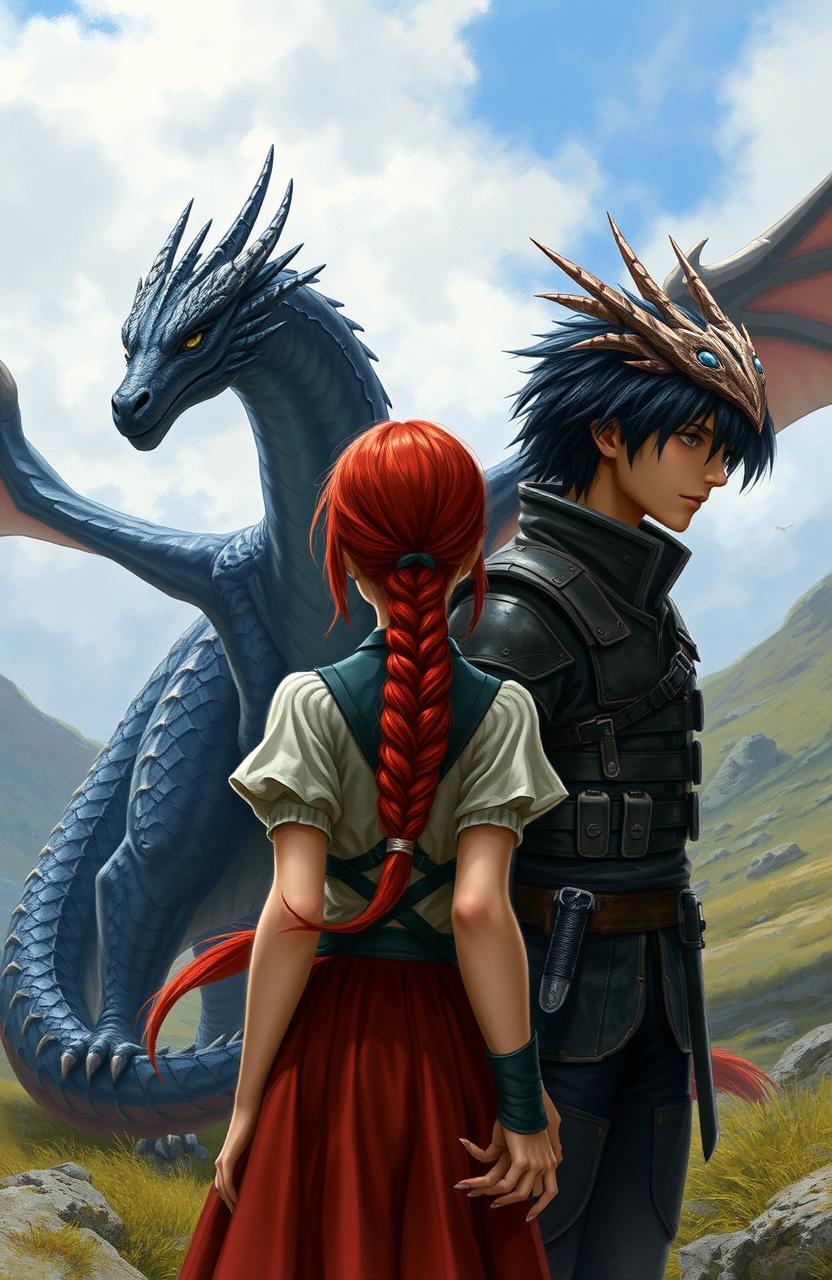 A realistic depiction of a red-haired girl seen from the back standing next to a boy with black hair dressed in combat clothing