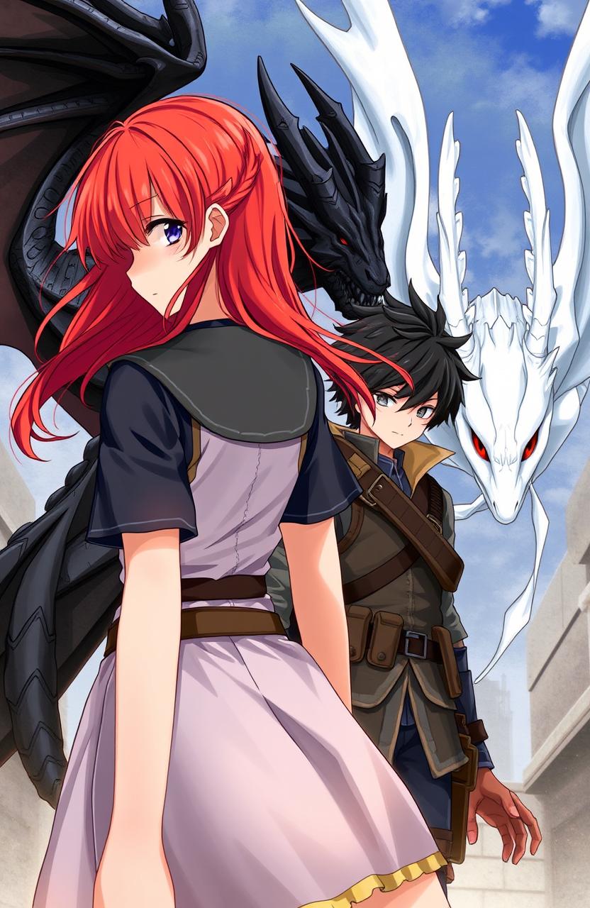 A realistic depiction of a red-haired girl seen from behind, standing next to a boy with black hair dressed in combat gear