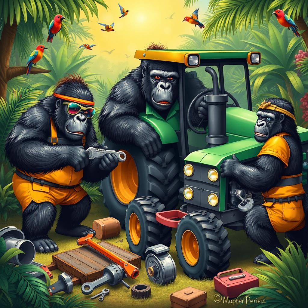 A humorous and whimsical scene depicting gorillas skillfully repairing tractors in a lush jungle setting