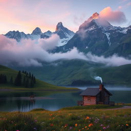 A serene mountain landscape at dawn, with a soft mist rolling over the lush green hills, surrounded by towering peaks dusted in snow
