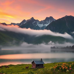 A serene mountain landscape at dawn, with a soft mist rolling over the lush green hills, surrounded by towering peaks dusted in snow
