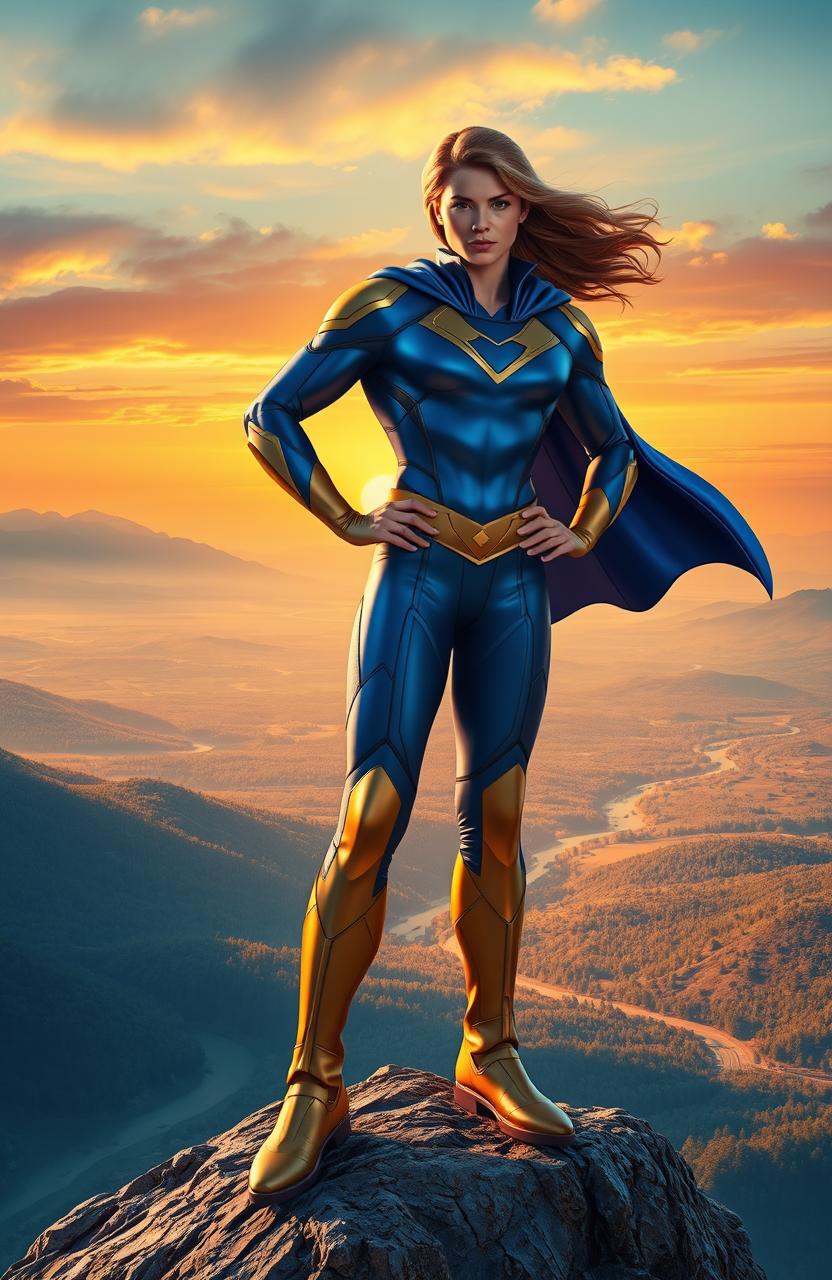 A heroic character standing on a mountain peak, overlooking a vast, beautiful landscape
