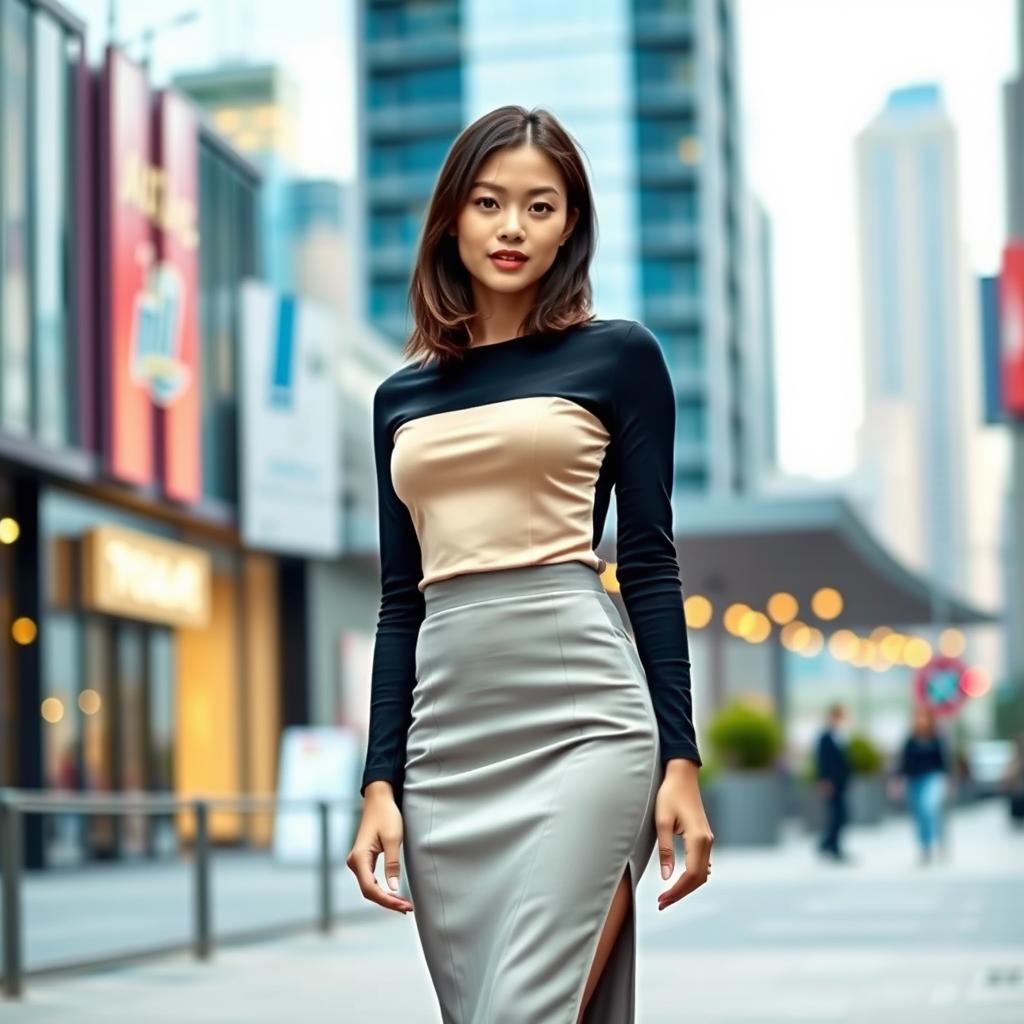 A stylish young woman standing in an urban setting, wearing a chic long-sleeve top paired with a straight skirt that features a daring slit at the side