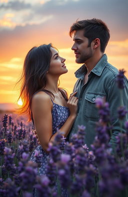 A romantic scene depicting a young woman deeply in love with lavender, surrounded by blooming lavender flowers in a vibrant lavender field