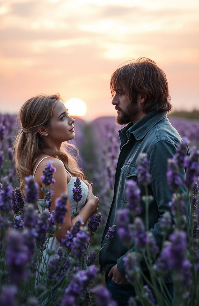 A romantic scene depicting a young woman deeply in love with lavender, surrounded by blooming lavender flowers in a vibrant lavender field