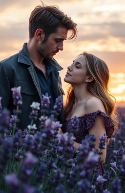 A romantic scene depicting a young woman deeply in love with lavender, surrounded by blooming lavender flowers in a vibrant lavender field