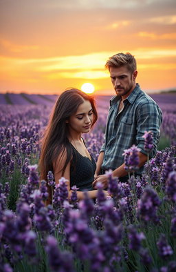 A romantic scene depicting a young woman deeply in love with lavender, surrounded by blooming lavender flowers in a vibrant lavender field