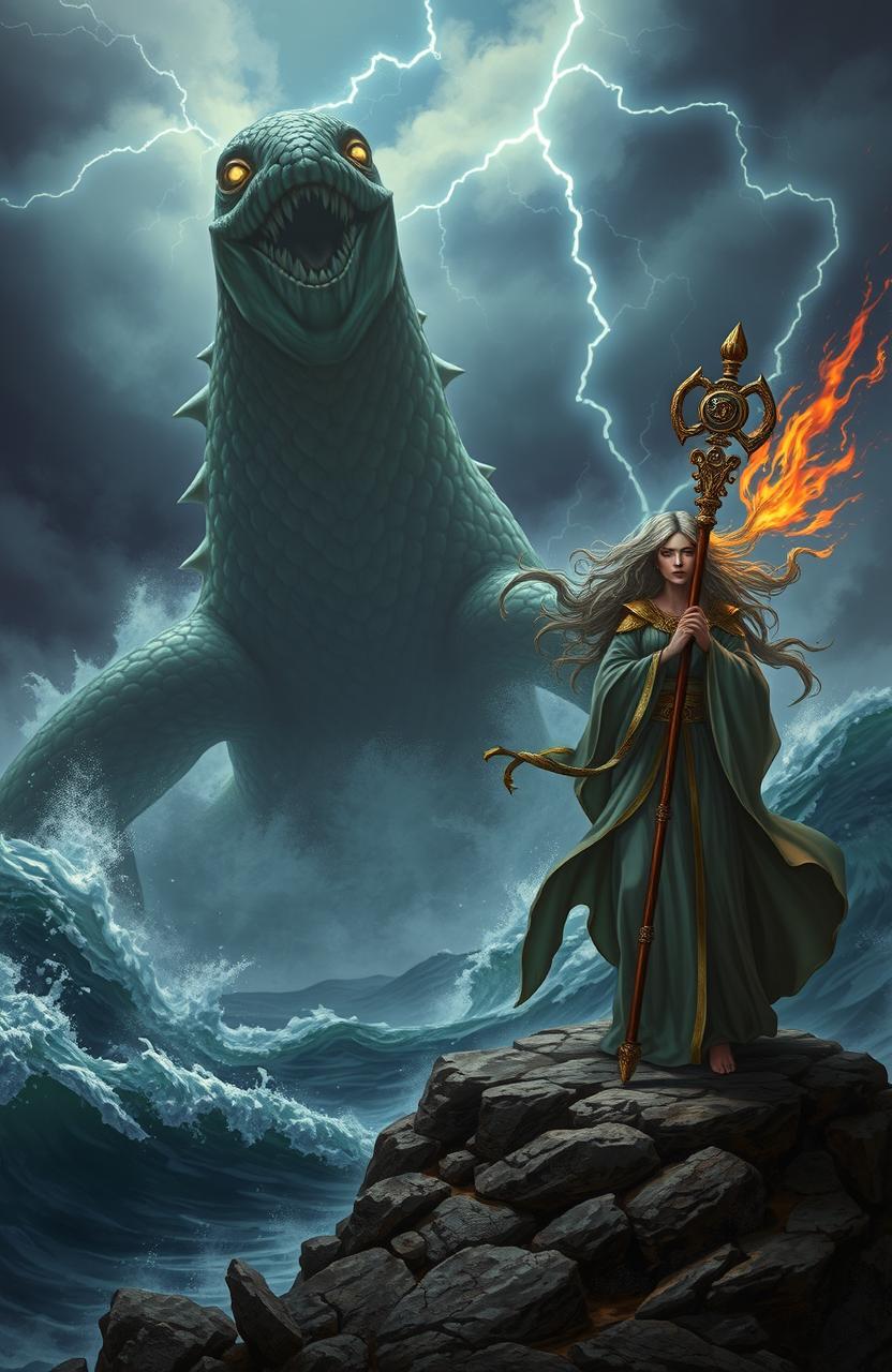 An imposing Leviathan creature rising from the ocean waves, depicted with shimmering scales and glowing eyes, surrounded by turbulent waters
