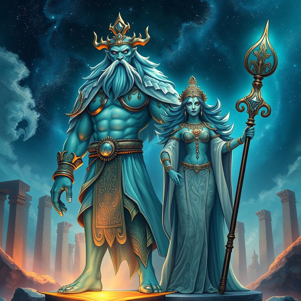 A majestic Leviathan in his human form, tall and imposing with aqua-toned skin and ocean-inspired features, standing alongside a regal priestess