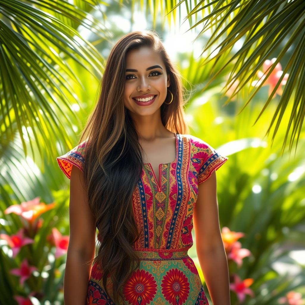 A beautiful Venezuelan woman standing in a lush tropical setting, wearing a traditional colorful dress adorned with intricate patterns