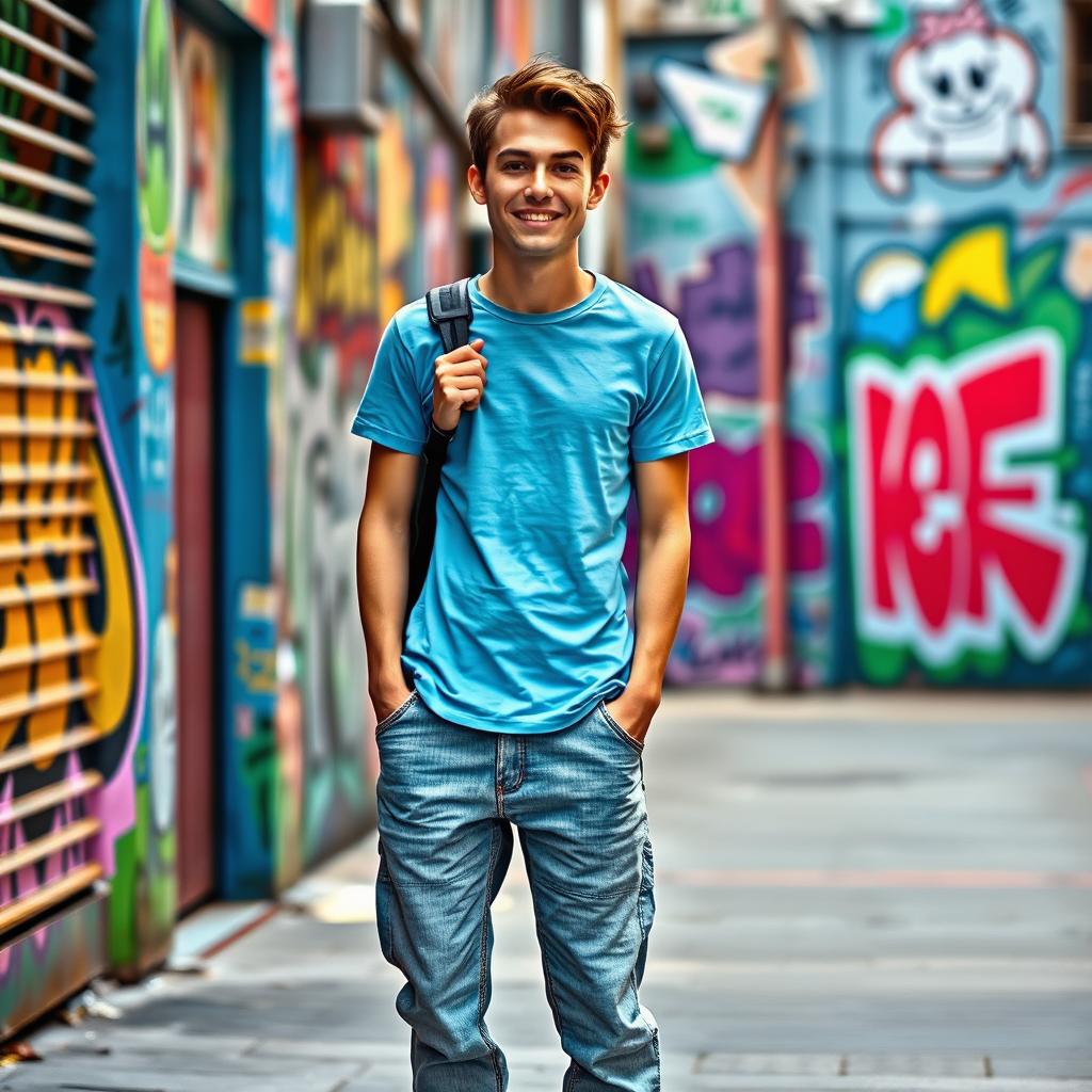 A person wearing casual attire, standing confidently in a vibrant urban setting