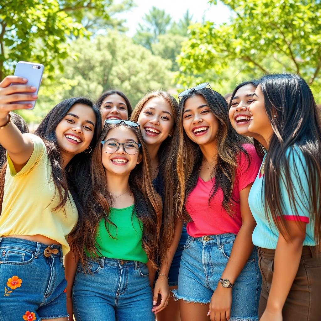 A vibrant and joyful scene featuring a group of Hispanic girls, laughing and enjoying their time together in a lively park setting