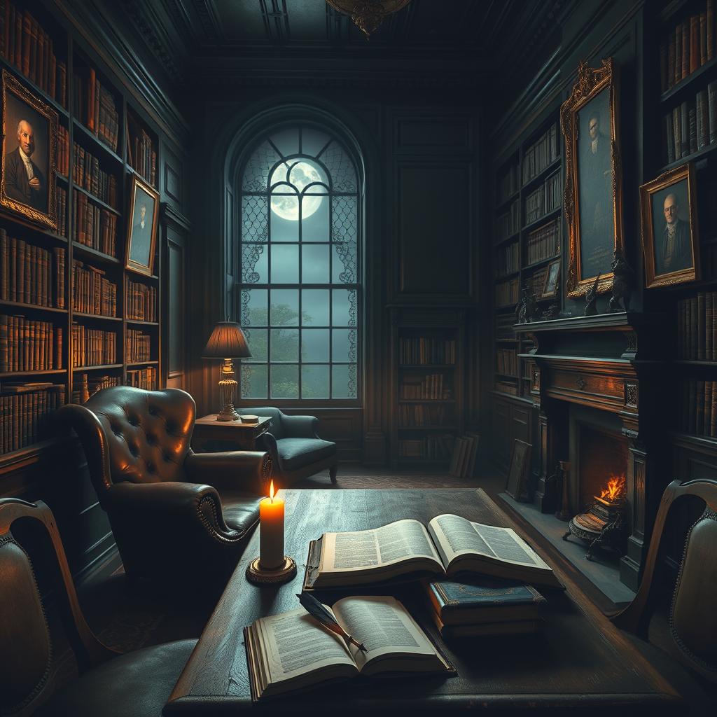 A dark academia scene featuring a cozy, dimly lit library filled with ancient books and vintage furniture
