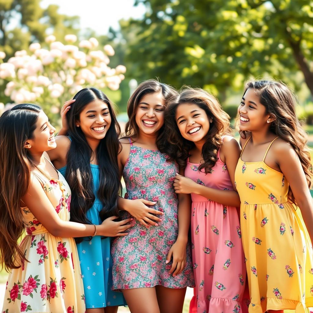 A vibrant scene featuring a group of joyful Hispanic girls, all embracing a close friendship