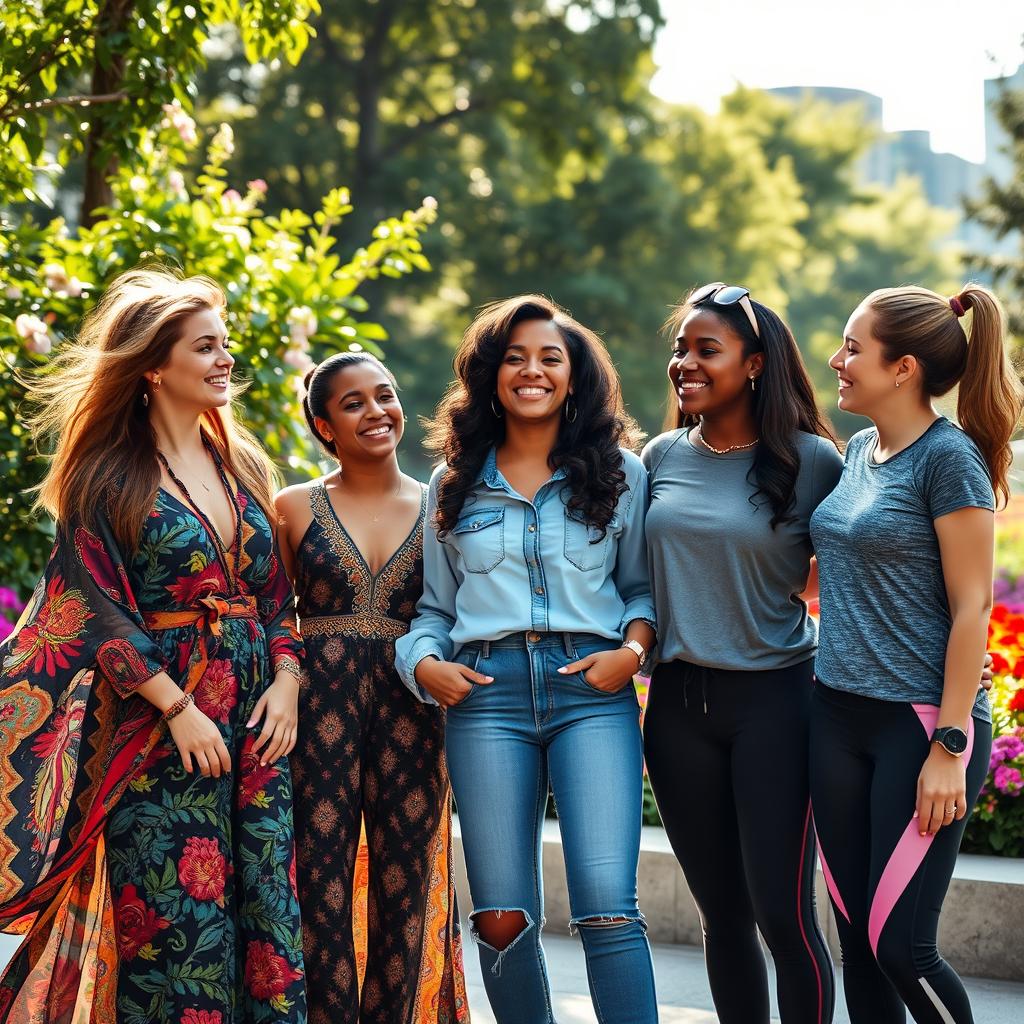 A vibrant scene featuring a diverse group of women standing together in an urban park