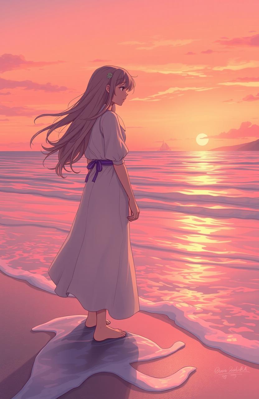 A romantic scene featuring a fictional character with flowing long hair standing on a beach at sunset
