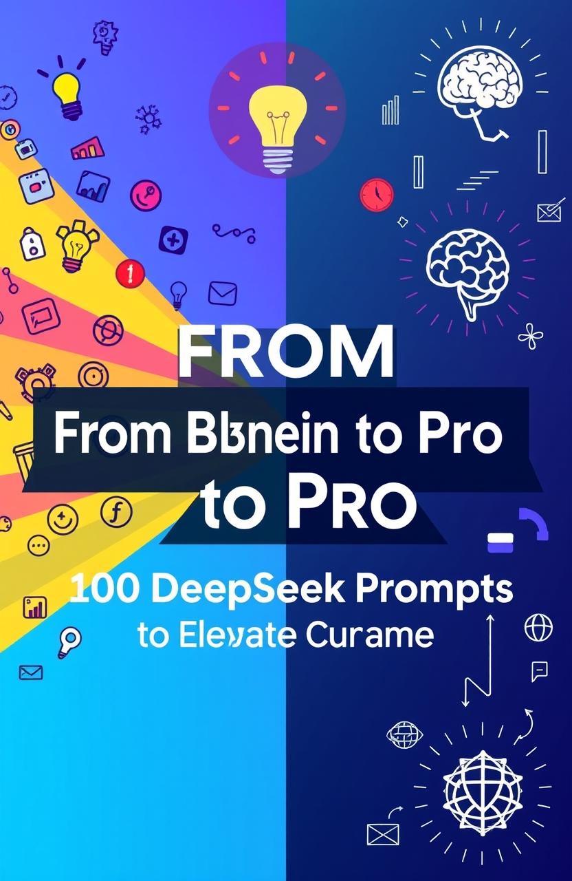 A vibrant and engaging graphic design titled 'From Beginner to Pro: 100 DeepSeek Prompts to Elevate Your AI Game'
