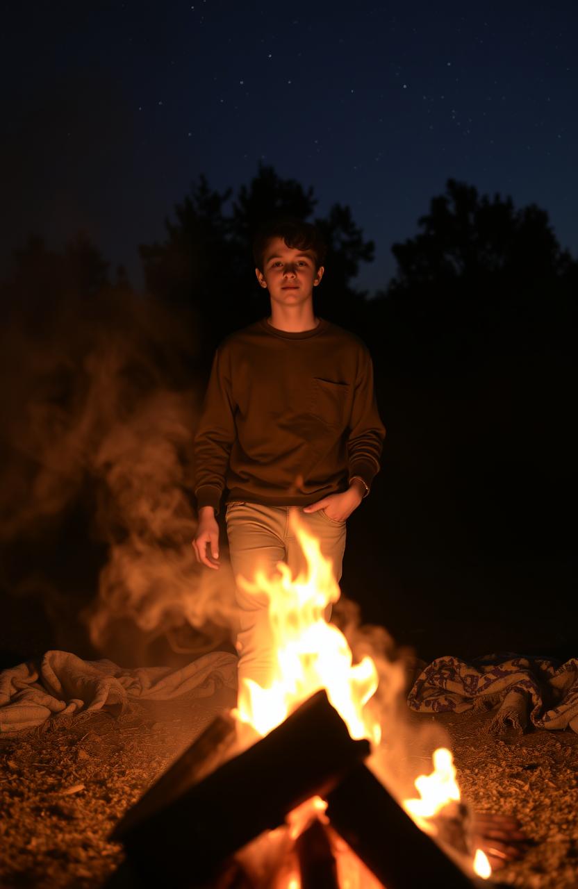 A young person walking peacefully through a warm bonfire setting, the flames flickering brightly against the night sky, surrounded by light smoke that adds a dreamy atmosphere