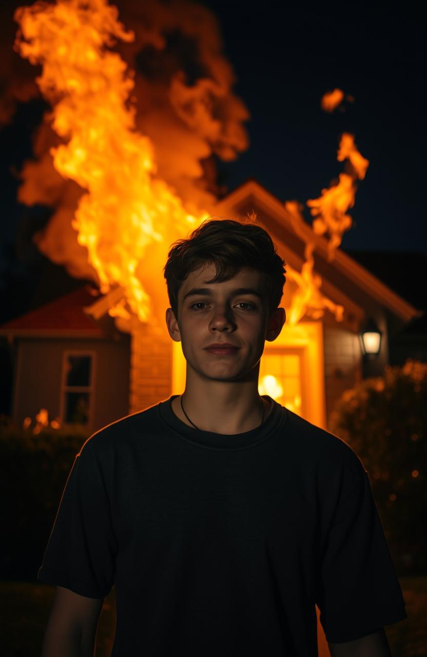 A young adult calmly exiting a house engulfed in flames at night