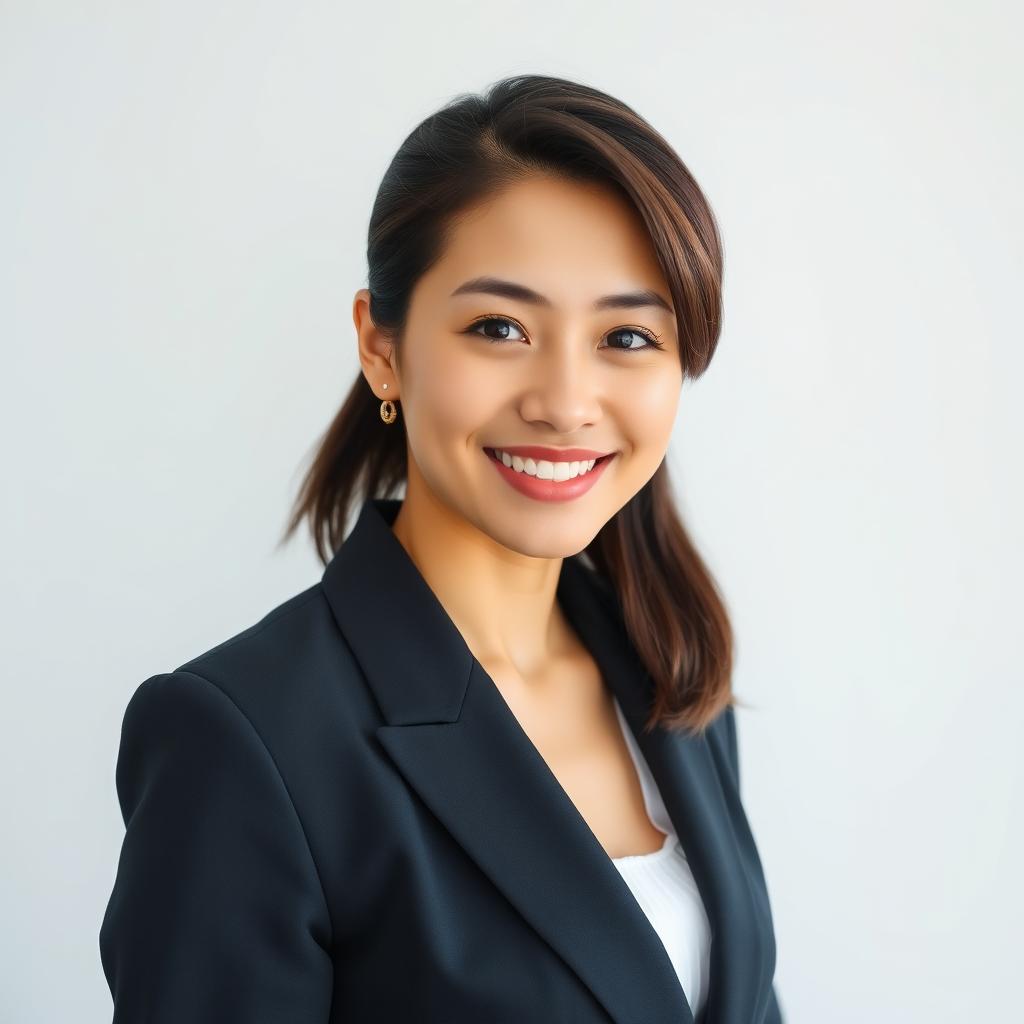 A professional and polished job application photo featuring an individual dressed in smart formal business attire, such as a suit or blazer, with a neatly styled hairstyle