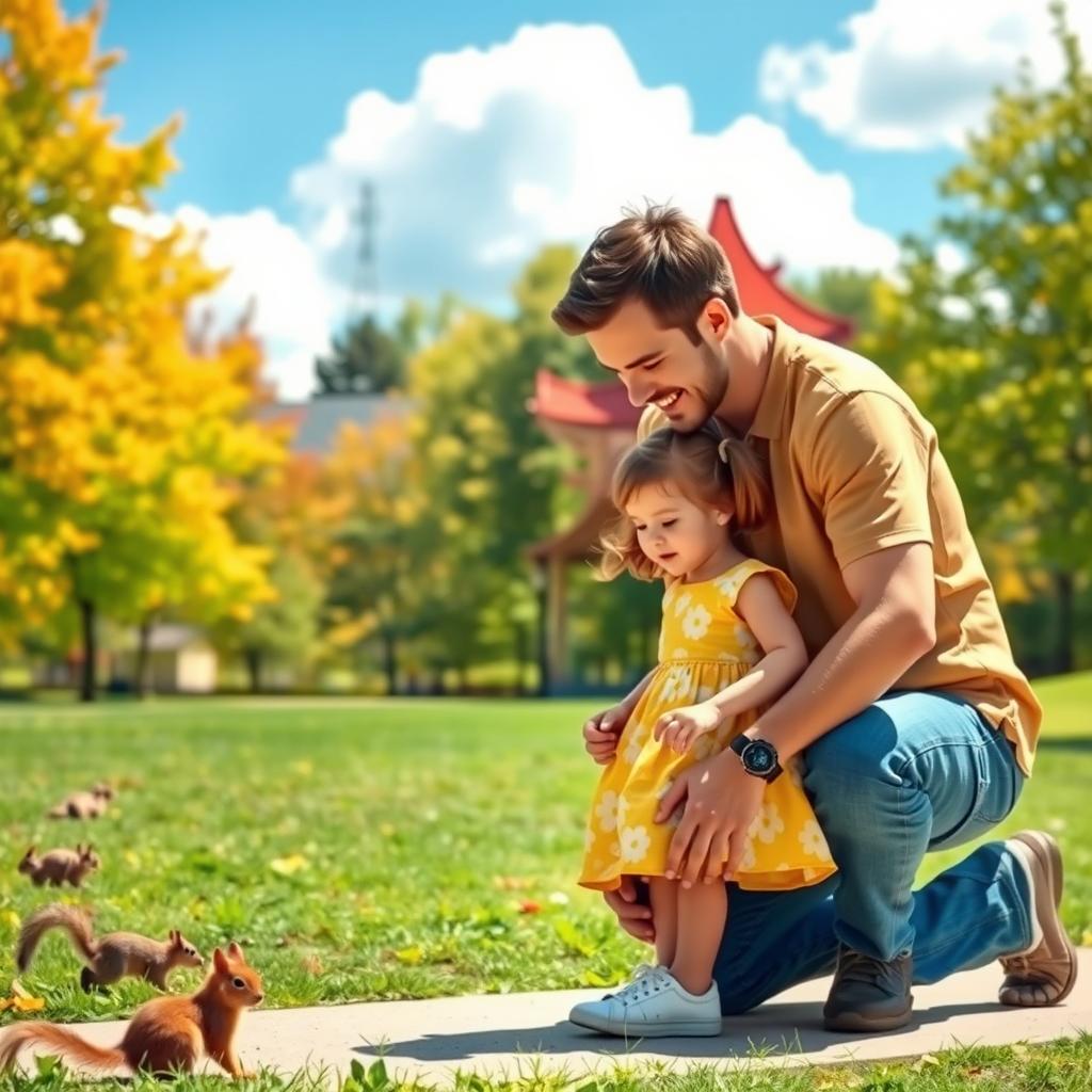 A warm, touching scene of a father and daughter enjoying a sunny day in a park