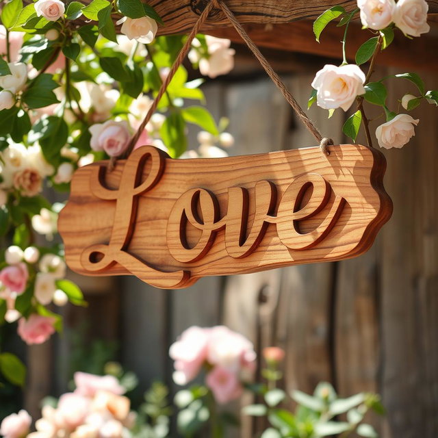 A beautifully crafted wooden sign adorned with the word 'Love' elegantly carved into it, showcasing intricate details and textures of the wood grain