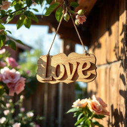 A beautifully crafted wooden sign adorned with the word 'Love' elegantly carved into it, showcasing intricate details and textures of the wood grain