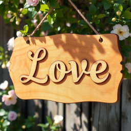 A beautifully crafted wooden sign adorned with the word 'Love' elegantly carved into it, showcasing intricate details and textures of the wood grain