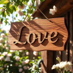 A beautifully crafted wooden sign adorned with the word 'Love' elegantly carved into it, showcasing intricate details and textures of the wood grain